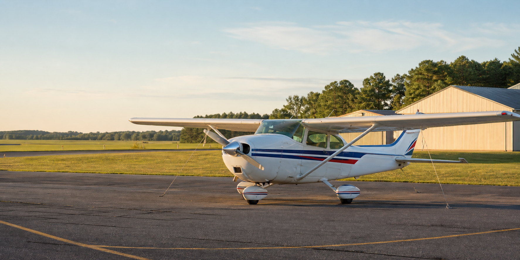A classic high-wing Cessna-style aircraft parked on a small airport ramp